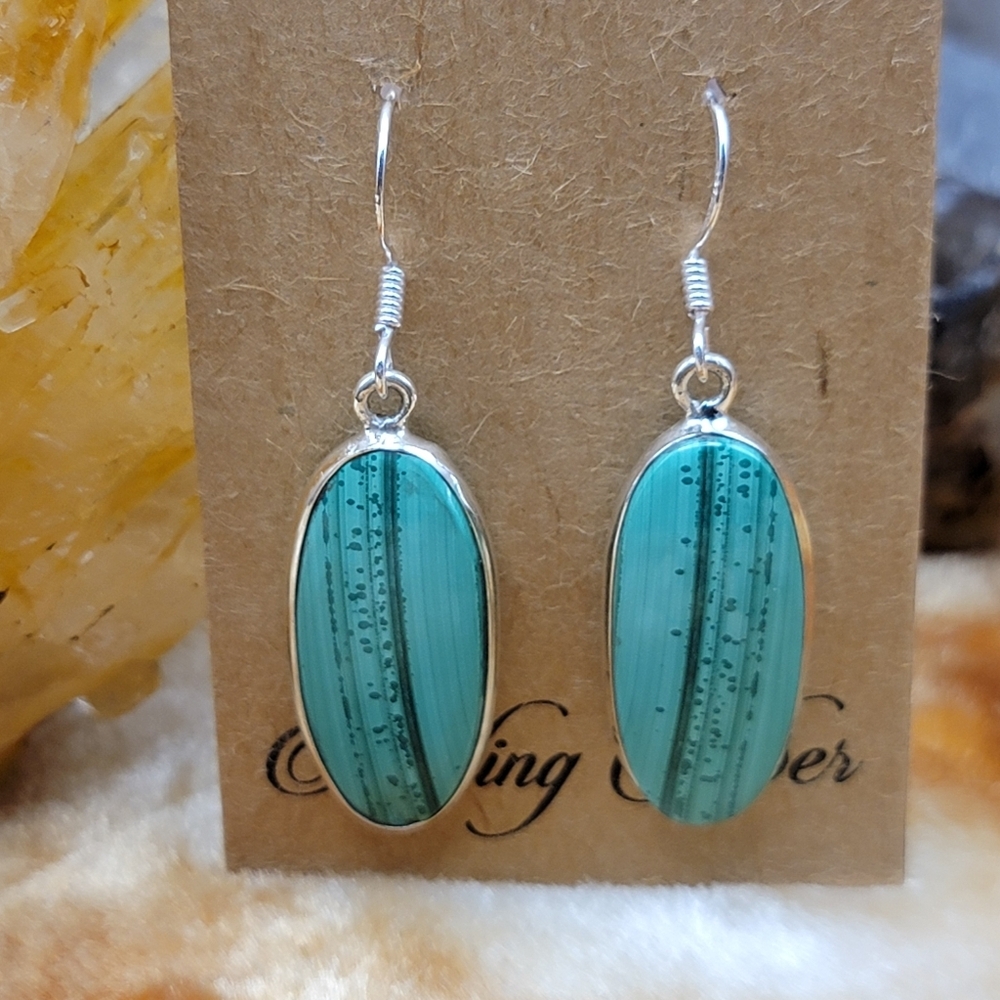 NEW Unique Double Sided Malachite & .925 Sterling Silver Dangle Earrings Boho